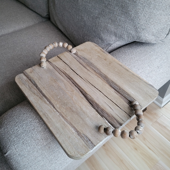 Rustic Farmhouse Wooden Tray with Beaded Handles - Picture 2 of 4